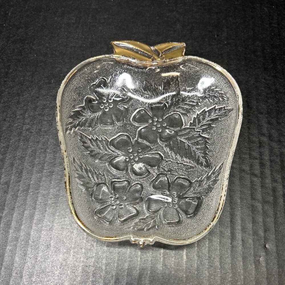 Vintage Depression Glass Candy Nut Trinket Dish Apple Shaped Embossed Flower